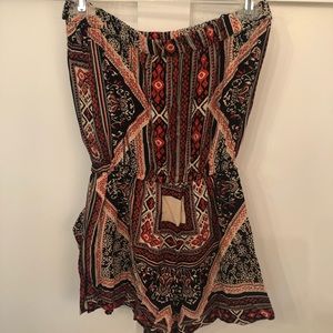 Red and Black Print Strapless Romper